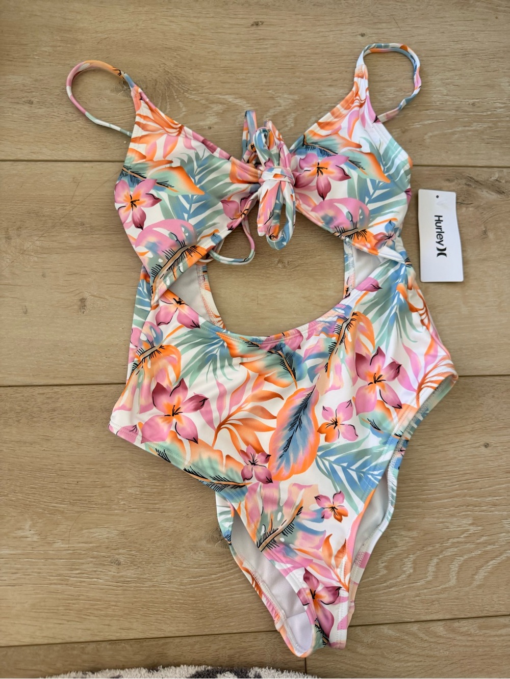 Hurley Tropical Floral Cutout One-Piece Swimsuit - Pink, Coral & Teal